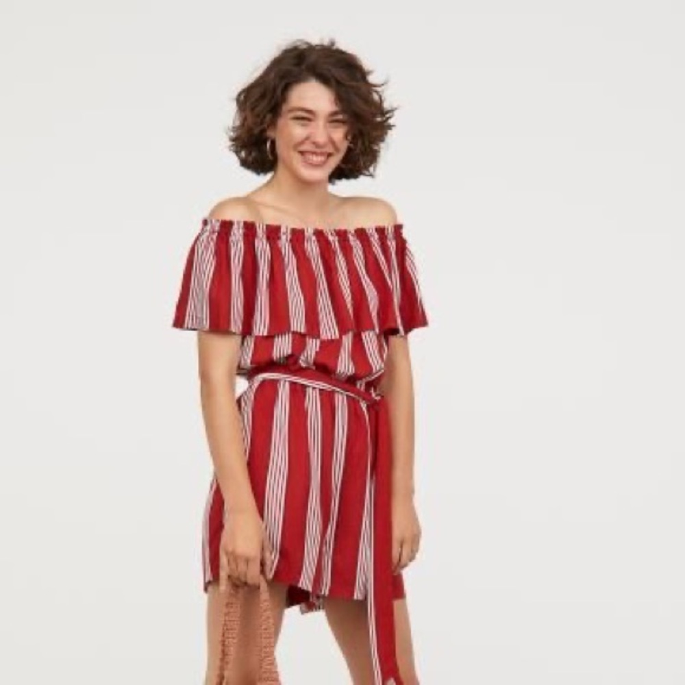 H&M off-the-shoulder red & white stripe jumpsuit